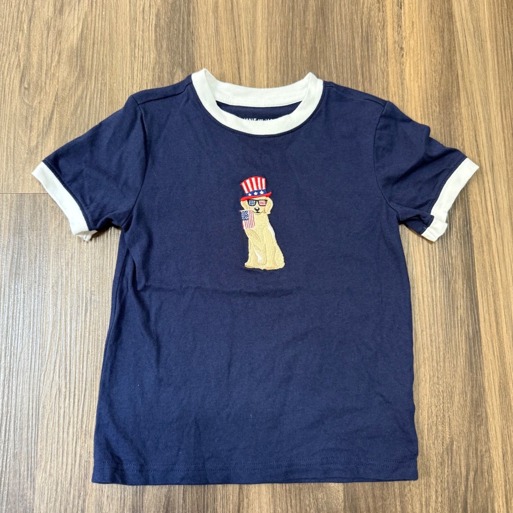 Janie and Jack Ringer Tee Boys 4 Navy Patriotic Golden Retriever Dog USA Flag